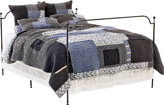Boro Stitch bedding inspired by traditional Japanese indigo-dyed patched-rag textiles (queen quilt and pair of standard shams)