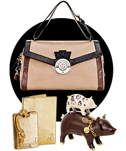 A handbag, luggage tag and passport cover, and piggy banks from Henri Bendel