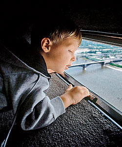 A boy looking down at the city from the Arch