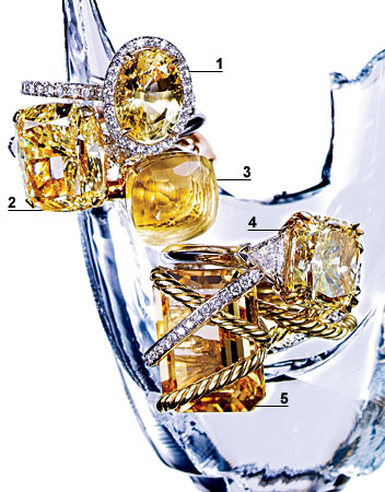 TIFFANY & CO. oval sapphire ring, GRAFF diamond ring, POMELLATO faceted quartz ring, HARRY WINSTON diamond ring, and DAVID YURMAN citrine wrap ring