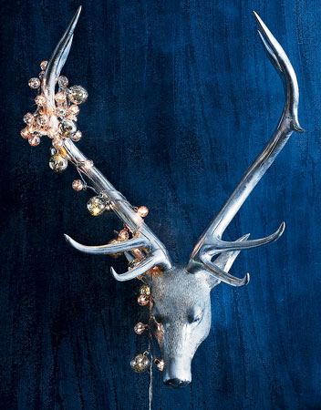 Wooden stag head with silver-leaf finish, 42 inches high