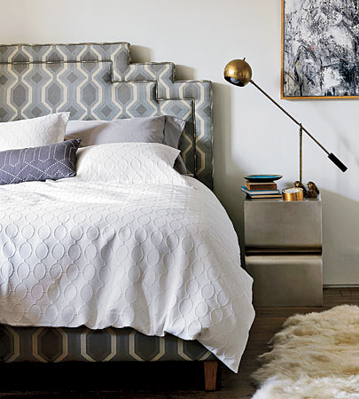 Deco queen bed in Belgian grey and Curtis table in silver leaf