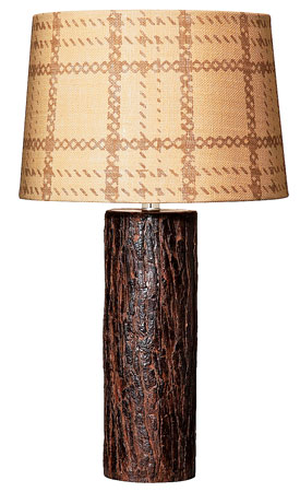 Lamp with plaid burlap shade and faux-wood base