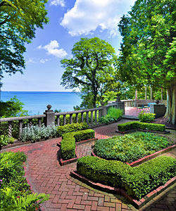 The back of the Lake Forest home, which sits atop a wooded bluff overlooking Lake Michigan