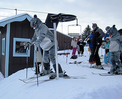 Costumed skiiers participating in the Rat Race