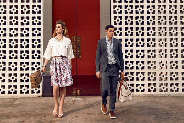 ON HER: CREATURES OF THE WIND silk cotton shirt, and silk cotton skirt, MIRIAM HASKELL necklace, and cuff, GERARD YOSCA bangles, BOTTEGA VENETA tote, and L.K. BENNETT sandal; ON HIM: ROBERT GRAHAM shirt, BOTTEGA VENETA wool suit, SALVATORE FERRAGAMO leather and canvas duffle, and Z ZEGNA shoes