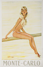 A vintage poster featuring a topless blonde