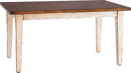 Carmichael hardwood dining table with mahogany-stained plank top and distressed legs