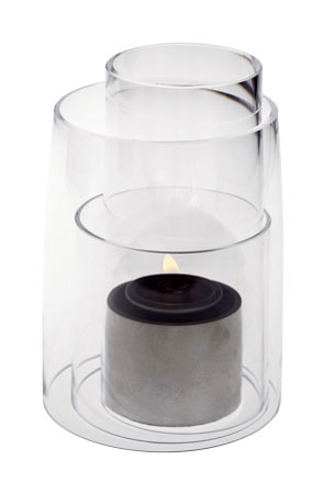 Three hurricanes of sleek Swedish crystal surround a sterling silver liquid paraffin holder, by Deborah Ehrlich