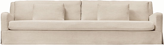 Restoration Hardware sofa with weather-resistant fabric and quick-dry cushions