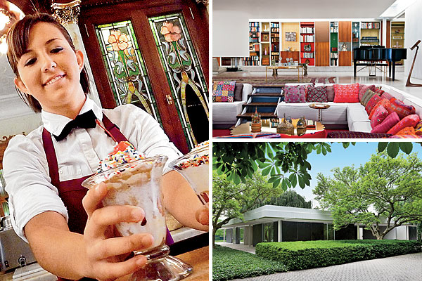 Sundaes at Zaharakos (left); the living room of the Miller House (top right); outside Miller House (bottom right)