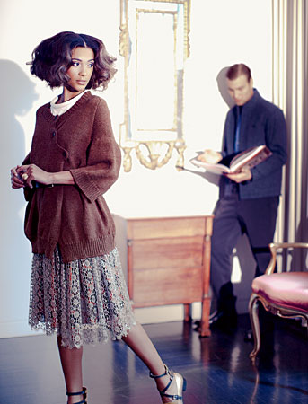 On her: A Détacher wool cardigan, cotton dickey, Robin Richman, Marni calfskin belt, Creatures of the Wind hand-painted lace skirt, Tabitha Simmons for Creatures of the Wind calfskin flats, 18-karat rose gold bracelet, and 18-karat rose gold ring. On him: Rag & Bone quilted cotton jacket, Rag & Bone wool pants, Phineas Cole linen and cotton shirt, and calfskin boots
