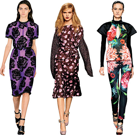 Models wearing Christopher Kane, Nina Ricci, and Peter Pilotto