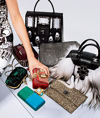 Clockwise from top center: Embellished satin handbag, Lisa Kingsley lizard skin clutch, goat hair and calfskin handbag, Anya Hindmarch glitter and suede clutch, Kelly Wearstler lambskin clutch, Alexander McQueen satin and lace clutch, and Rebecca Minkoff quilted cowhide shoulder bag. On model: Christian Louboutin velvet and leopard-print pony hair clutch and Mary Katrantzou satin dress