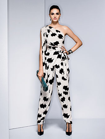 Diane von Furstenberg silk crepe jumpsuit, Elizabeth and James calfskin pumps, Agate druse, rock crystal, and antique silver earrings, and rhodium-plated cuff