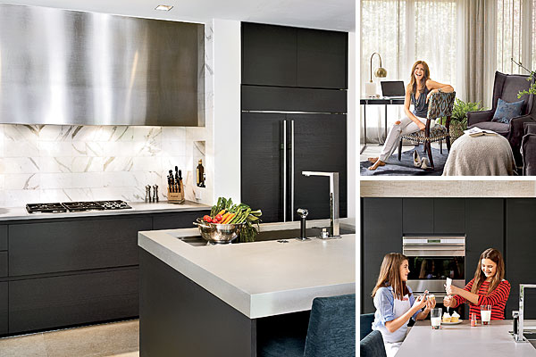 (Left) A Calcutta Gold marble backsplash fulfilled Hutcherson’s desire for white and gold in each room. (Top right) Lisa Hutcherson keeps an eye on things from her cozy office alcove. (Bottom right) The rehabbed space is the scene of frequent baking parties.