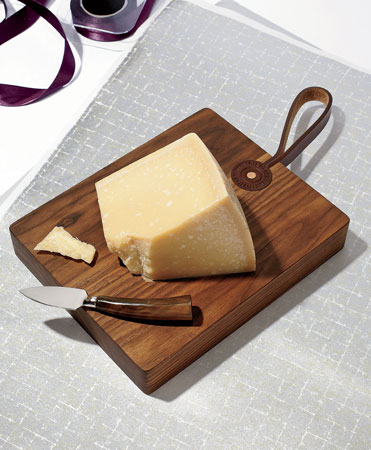 Cravero aged Parmigiano-Reggiano, Walnut board with leather strap, horn-handled cheese knife 
