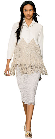 Woven raffia jacket and silk skirt