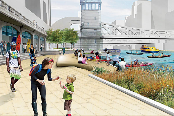 Rahm’s plan: The river at Dearborn and Clark Streets as envisioned in the mayor’s new riverfront plan, initially unveiled October 2012