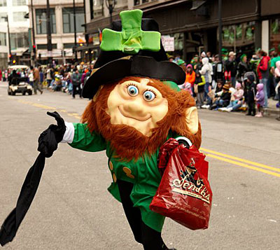 A leprechaun skipping down the street