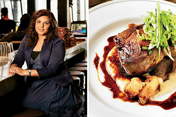 Alpana Singh and The Boarding House’s double bone-in pork chop on cheddar cheese grits