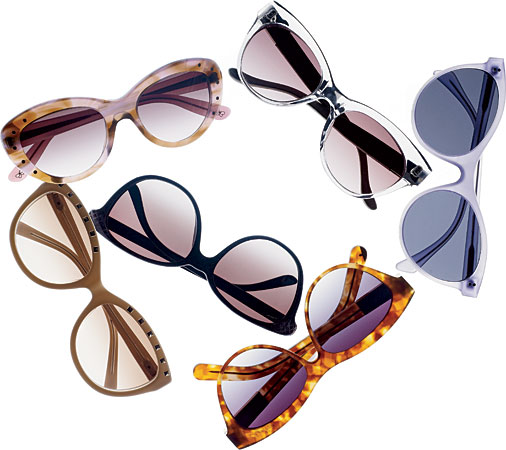 Acetate sunglasses, Linda Farrow for the Row acetate and leather sunglasses, Illesteva acetate sunglasses, Elizabeth and James faux-tortoiseshell sunglasses, plastic sunglasses, and Valentino studded acetate sunglasses