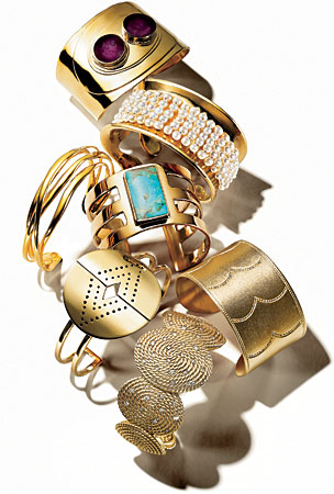 Aesa bronze and amethyst cuff, Aurélie Bidermann 18-karat gold vermeil and pearl cuff, Pamela Love bronze and turquoise cuff, Jamie Wolf 18-karat gold engraved cuff, 18-karat yellow gold and pavé diamond cable coil cuff, Winifred Grace bronze semicircle cuff, and 10-karat-gold-plated orbiting cuff