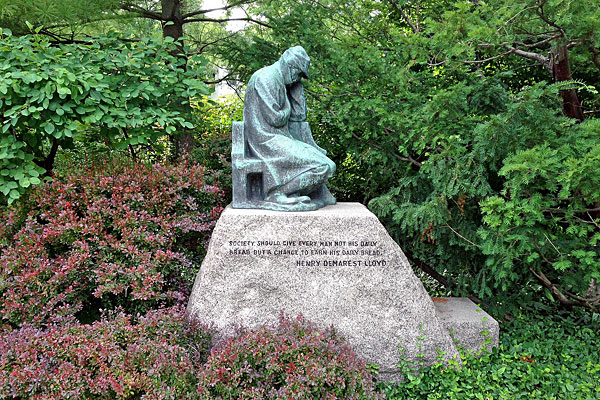 The streetside statue commemorating Henry Demarest Lloyd