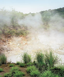 Geothermal mud pots line the trails