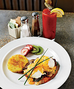 Cremini mushroom Benedict and a Bloody Mary