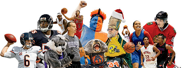Professional athletes, sports fans, and a costumed mascot