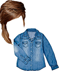 Cameron Esposito's hair and a denim shirt