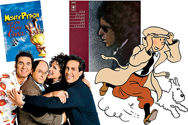‘Monty Python and the Holy Grail,’ the cast of ‘Seinfeld,’ an illustration of ‘The Adventures of Tintin,’ and a Bob Dylan album