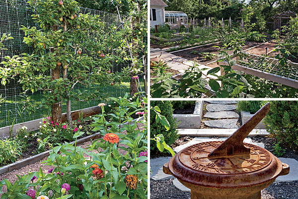 Apple, sour cherry, plum, peach, and pear trees grow against the fencing, camouflaging the woven wire. Grates over raspberry bushes keep berry-laden branches upright. An antique sundial provides a focal point—and tells time.