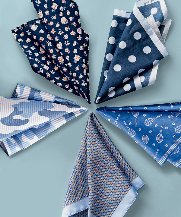 A cotton pocket square from J.Crew, Paul Smith cotton pocket square, Drake’s cotton pocket square, silk twill pocket square, and a cotton pocket square from Brooks Brothers
