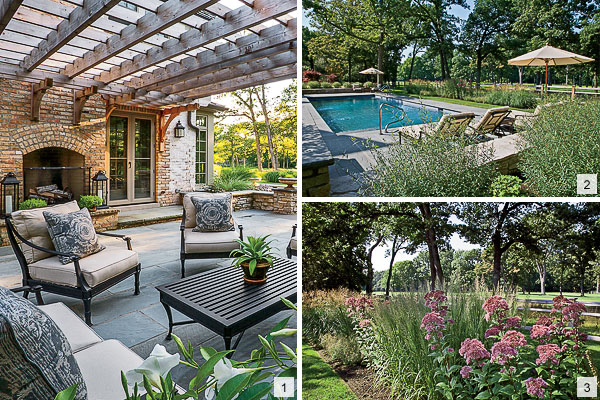 The outdoor living room, pool area, and surrounding flowers and grasses