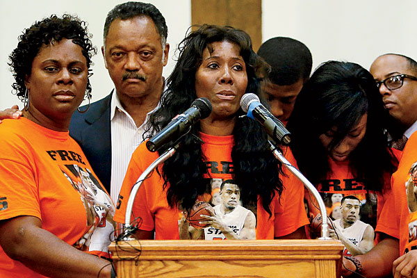 Williams’s mother, Alice, along with family members and Jesse Jackson, at a presentencing rally