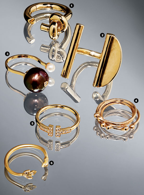 Jennifer Fisher brass knot ring, Shikama cast-bronze ring, Delfina Delettrez pearl and diamond 18-karat gold ring, Toki 10-karat gold ring set, 18-karat gold ring with diamonds, and Jamie Wolf 18-karat gold ring with diamonds