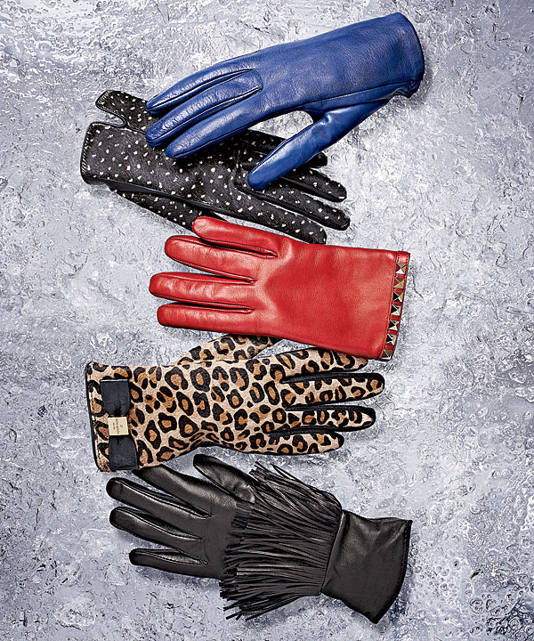 Dries Van Noten calfskin gloves, Lanvin calf hair and lambskin gloves, Valentino lambskin gloves, Kate Spade calf hair and cowhide gloves, and sheepskin gloves