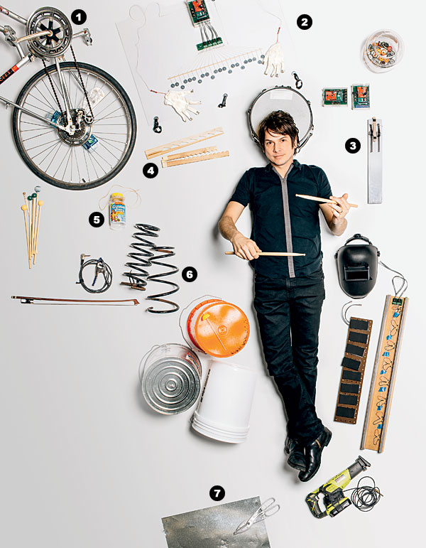 Glenn Kotche, surrounded by handcrafted instruments