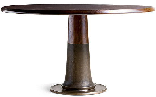 Nolan table in solid planked oak or walnut with cast bronze pedestal