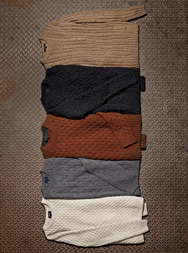 Cashmere and angora sweater, Alpaca wool sweater, Merino wool sweater, lambswool sweater, and A.P.C. merino wool sweater