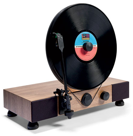 Walnut record player with built-in stereo speakers