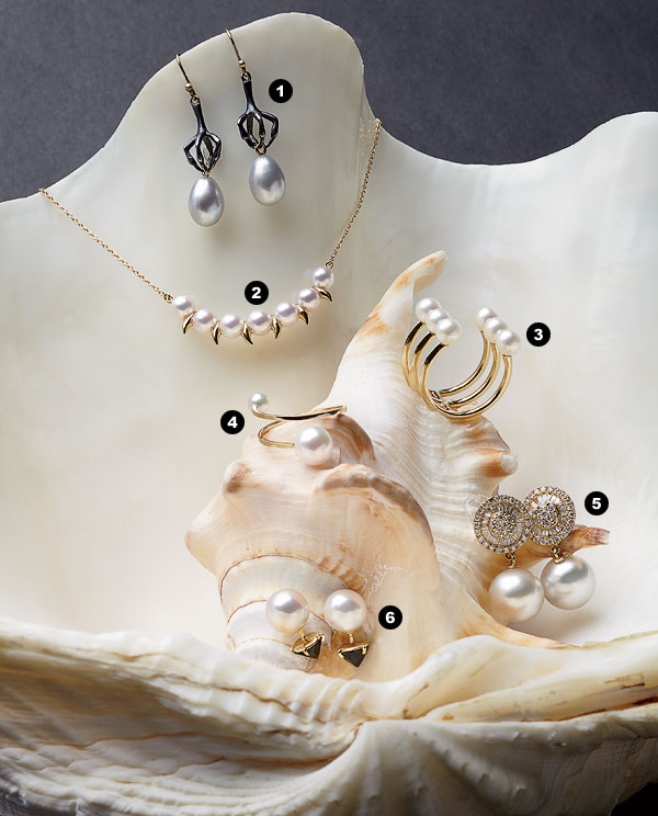 Annette Ferdinandsen silver and pearl earrings; Tasaki 18-karat gold and pearl necklace; 18-karat gold and pearl ring; Sophie Bille Brahe 14-karat gold and pearl ring; Graziela 18-karat gold, white diamond, and pearl earrings; and Tasaki 18-karat gold, black diamond, and pearl earrings