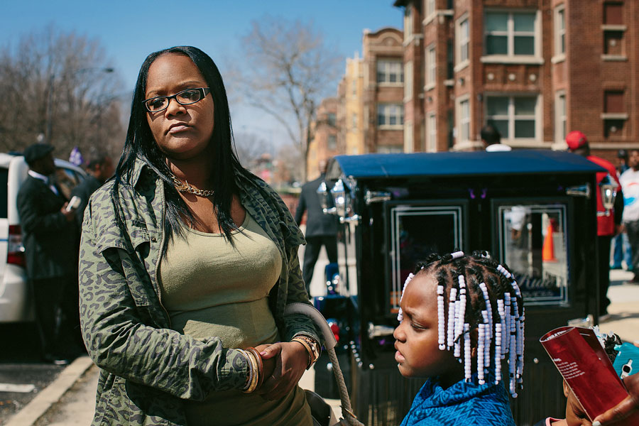 Jerryon’s mother, Chrishona, and his cousin Darriah at the March funeral of one of his friends, who was shot to death