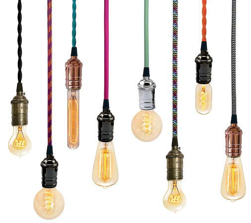 Single pendant bulb lights with fabric-covered wire by Hangout Lighting