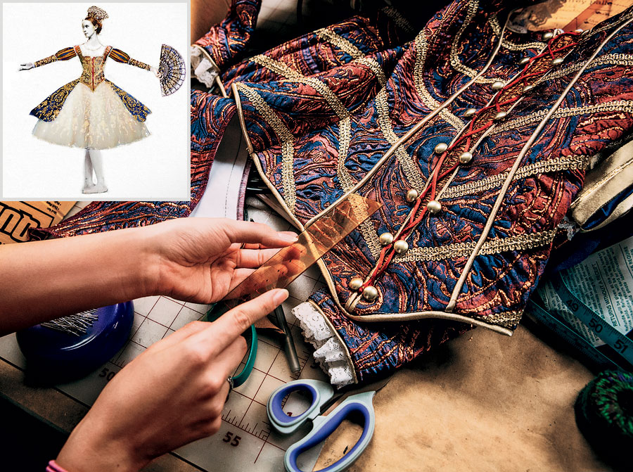 A seamstress working on a Spanish pavilion costume and costume sketch