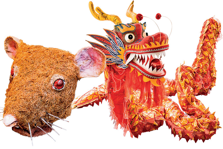 Mouse head and Chinese dragon puppets