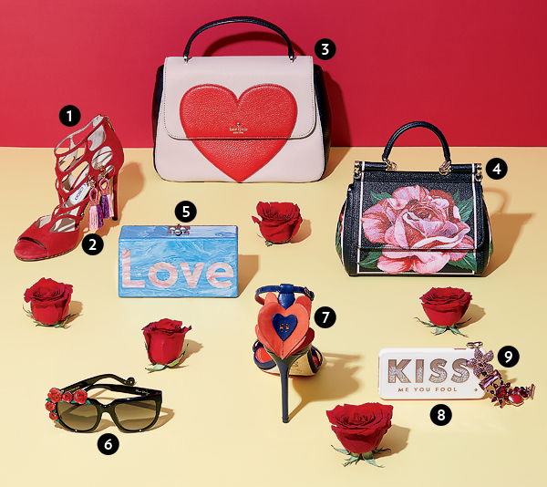 Heeled sandals, tassel earrings, heart handbag, rose handbag, “Love” clutch, rose sunglasses, heart sandals, “KISS Me You Fool” iPhone case, and bloom bracelet