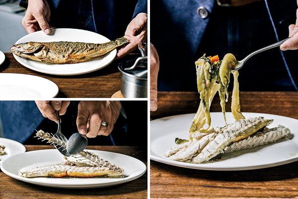 Whole branzino with wilted leeks